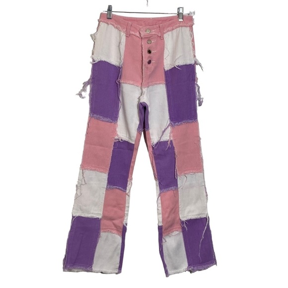 SHEIN Patchwork JeansButton-Front Size Small Purple Pink White Patchwork - Picture 1 of 12